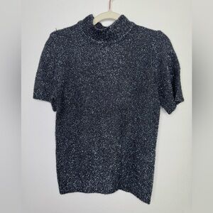 Gray Metallic Mock Neck Sweater Top Short Sleeve Vintage Franco Valeri size M